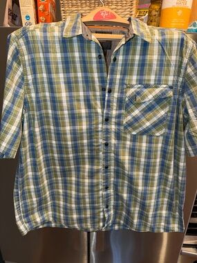 5.11 Tactical olive Green blue checkered Plaid Shirt short sleeves snap front Lg